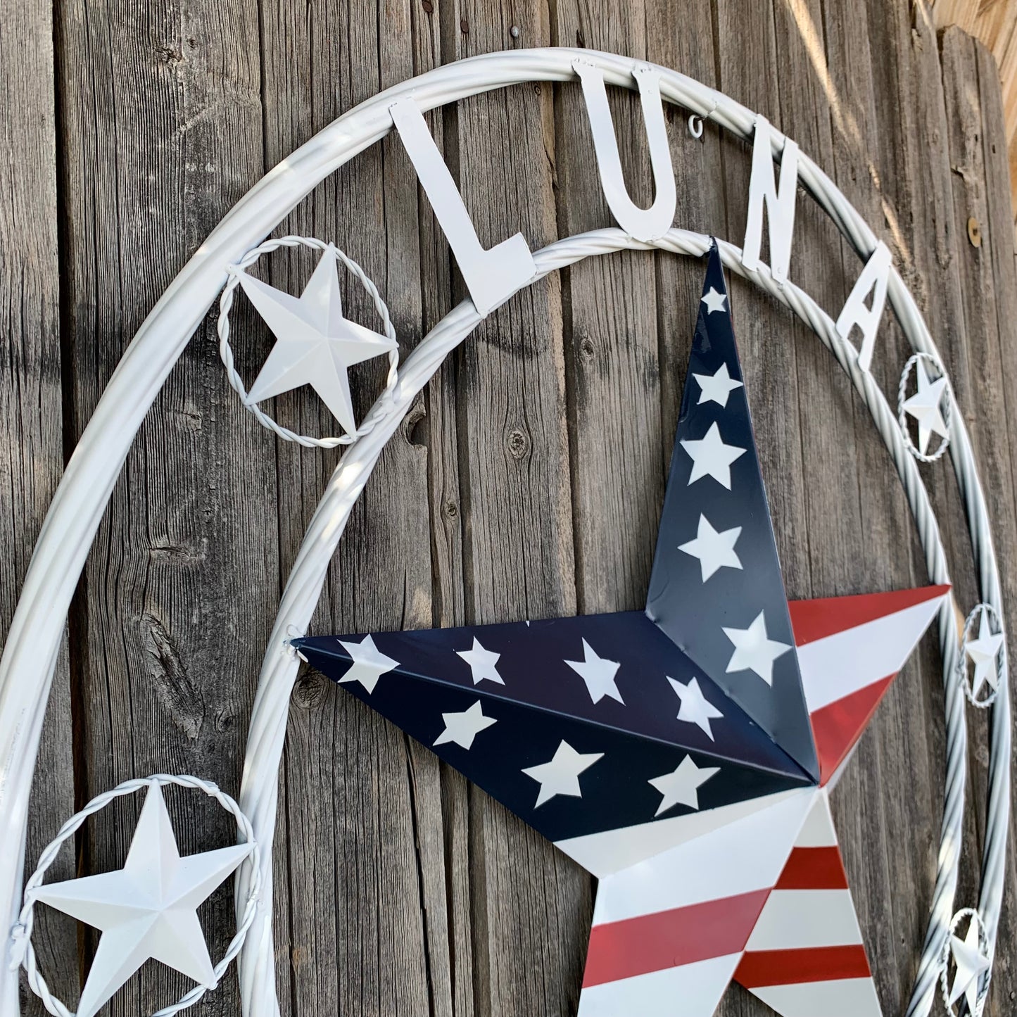 LUNA STYLE CUSTOM NAME BARN STAR METAL STAR 3d TWISTED ROPE RING WESTERN HOME DECOR USA FLAG STAR RED WHOTE & BLUE WITH WHITE RING HANDMADE 24",32",36",50"