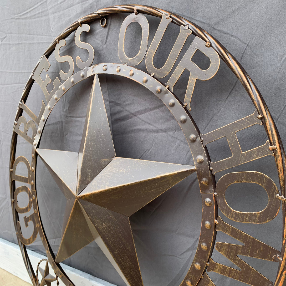 24" GOD BLESS OUR HOME BEADED STAR COLIBROX METAL TWISTED ROPE RING LONE STAR WALL ART WESTERN HOME DECOR RUSTIC DARK BRONZE COPPER HANDMADE NEW