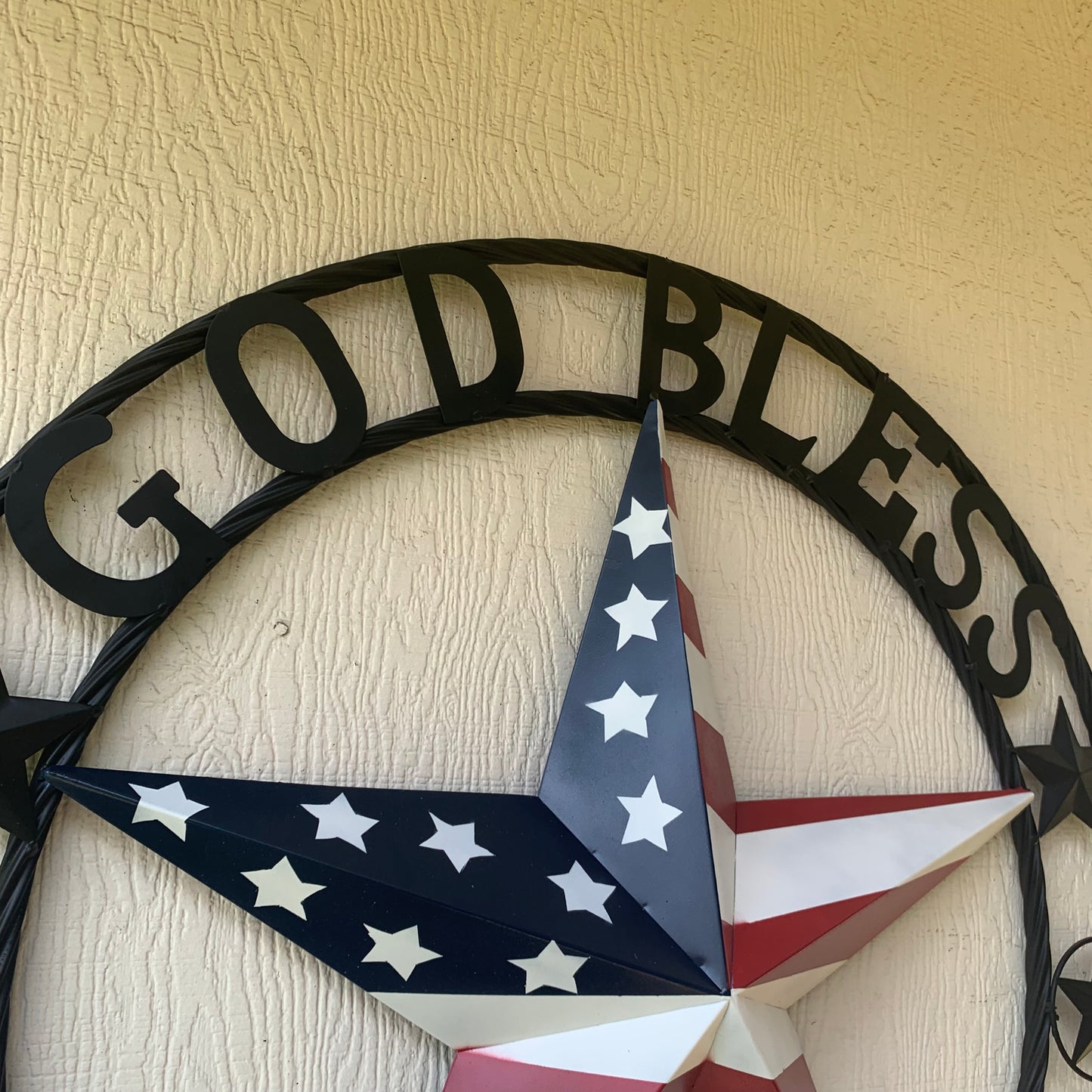 GOD BLESS AMERICA USA FLAG 3d STAR METAL BARN STAR BLACK TWISTED ROPE RING WALL ART WESTERN HOME DECOR RED WHITE & BLUE HANDMADE NEW #EH10490