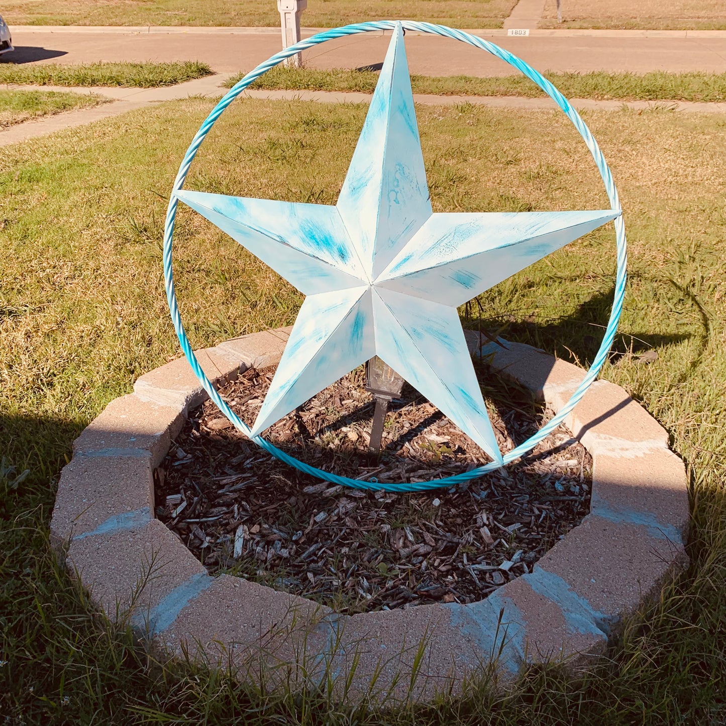 #EH11219 TURQUOISE WHITE DISTRESSED STAR TWO TONE TEXTURE BARN STAR METAL LONESTAR TWISTED ROPE RING WESTERN HOME DECOR HANDMADE NEW