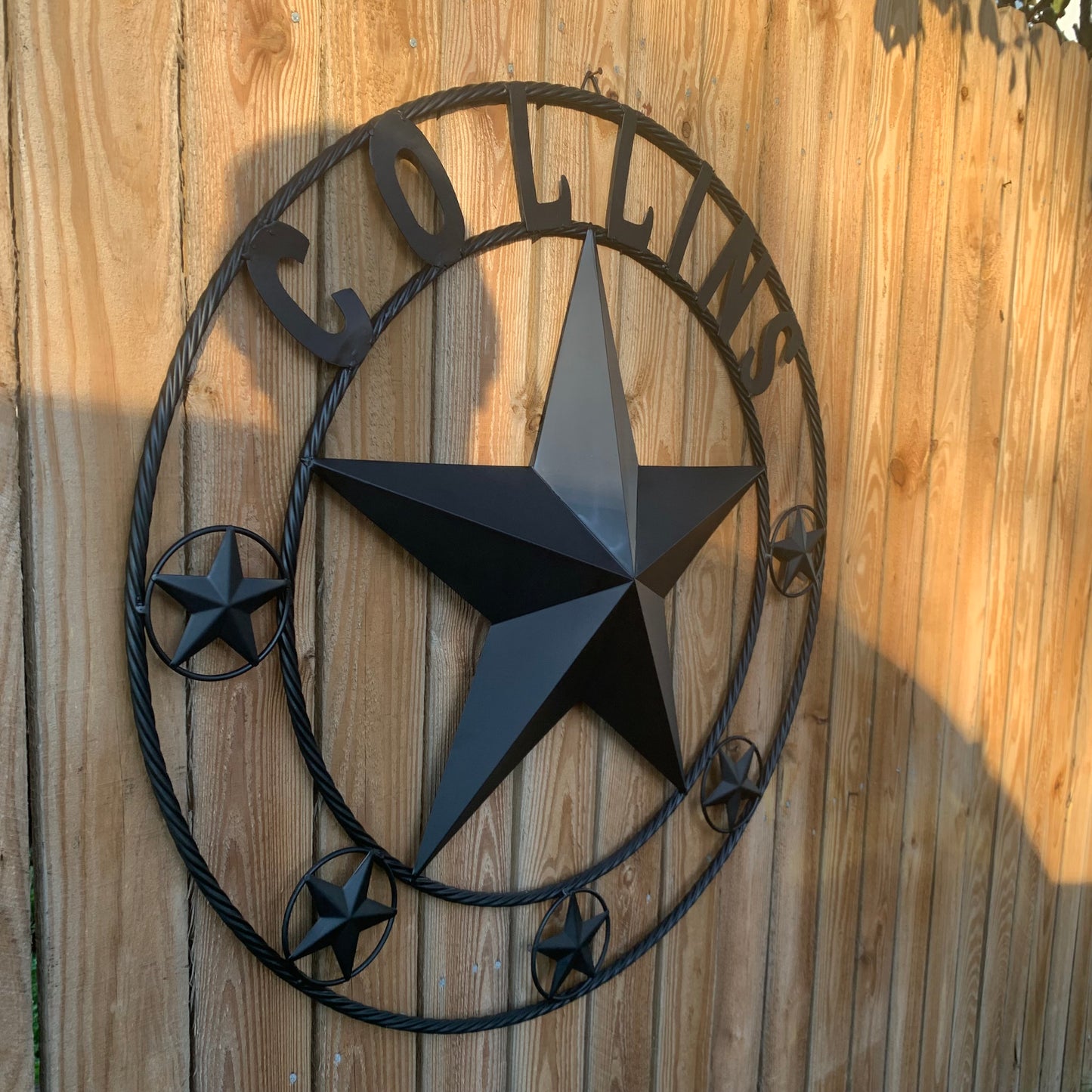COLLINS STYLE CUSTOM STAR NAME BARN METAL STAR 3d TWISTED ROPE RING WESTERN HOME DECOR RUSTIC BLACK HANDMADE 24",32",36",50"