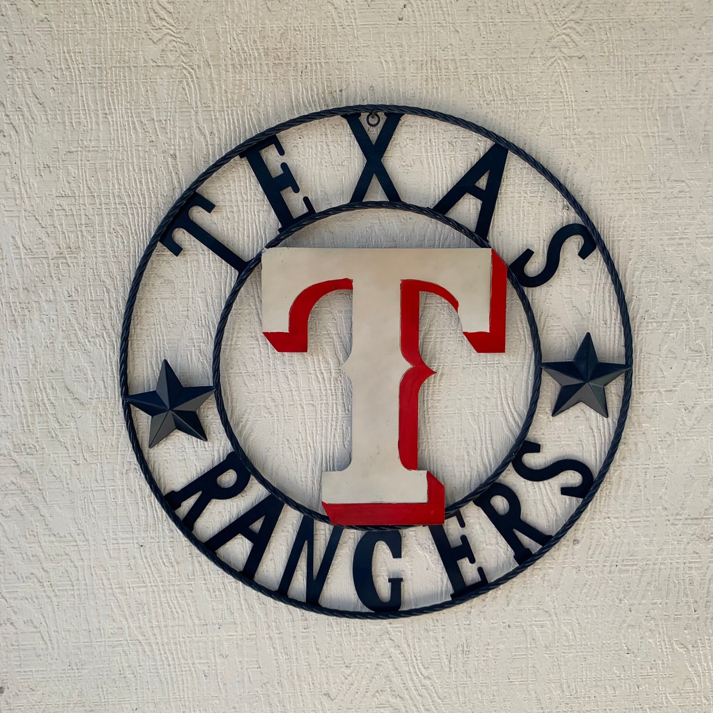 12", 18", 24", 32" TEXAS RANGERS BARN CUSTOM METAL VINTAGE CRAFT SIGN TEAM  WHITE & RED & NAVY BLUE RING & STAR HANDMADE