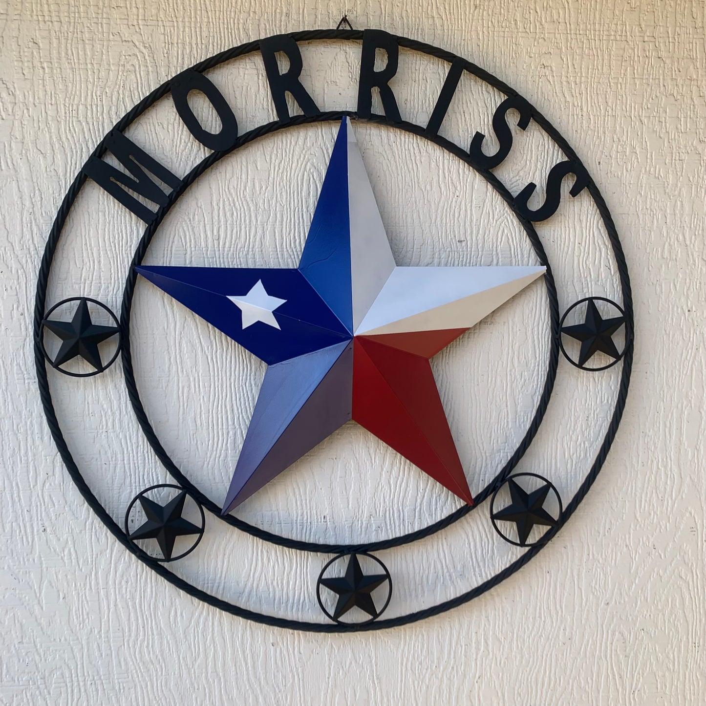 MORRISS TEXAS FLAG STYLE CUSTOM NAME STAR TWISTED ROPE BLACK RING WESTERN HOME DECOR HANDMADE