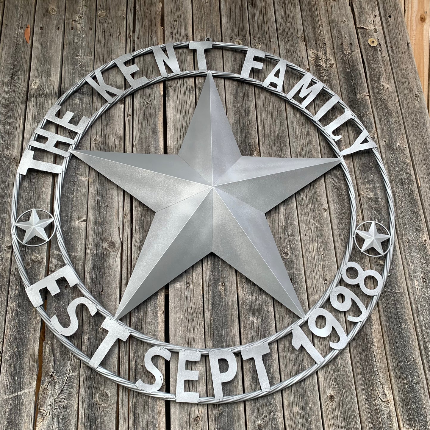 KENT STYLE CUSTOM STAR NAME BARN METAL STAR 3d TWISTED ROPE RING WESTERN HOME DECOR RUSTIC GREY SILVER HANDMADE 24",32",36",50"