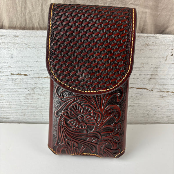 7" PLAIN FLORAL LEATHER HOLSTER BROWN STAR POUCH EXTRA LARGE  BELT LOOP CELL PHONE CASE UNIVERSAL OVERSIZE