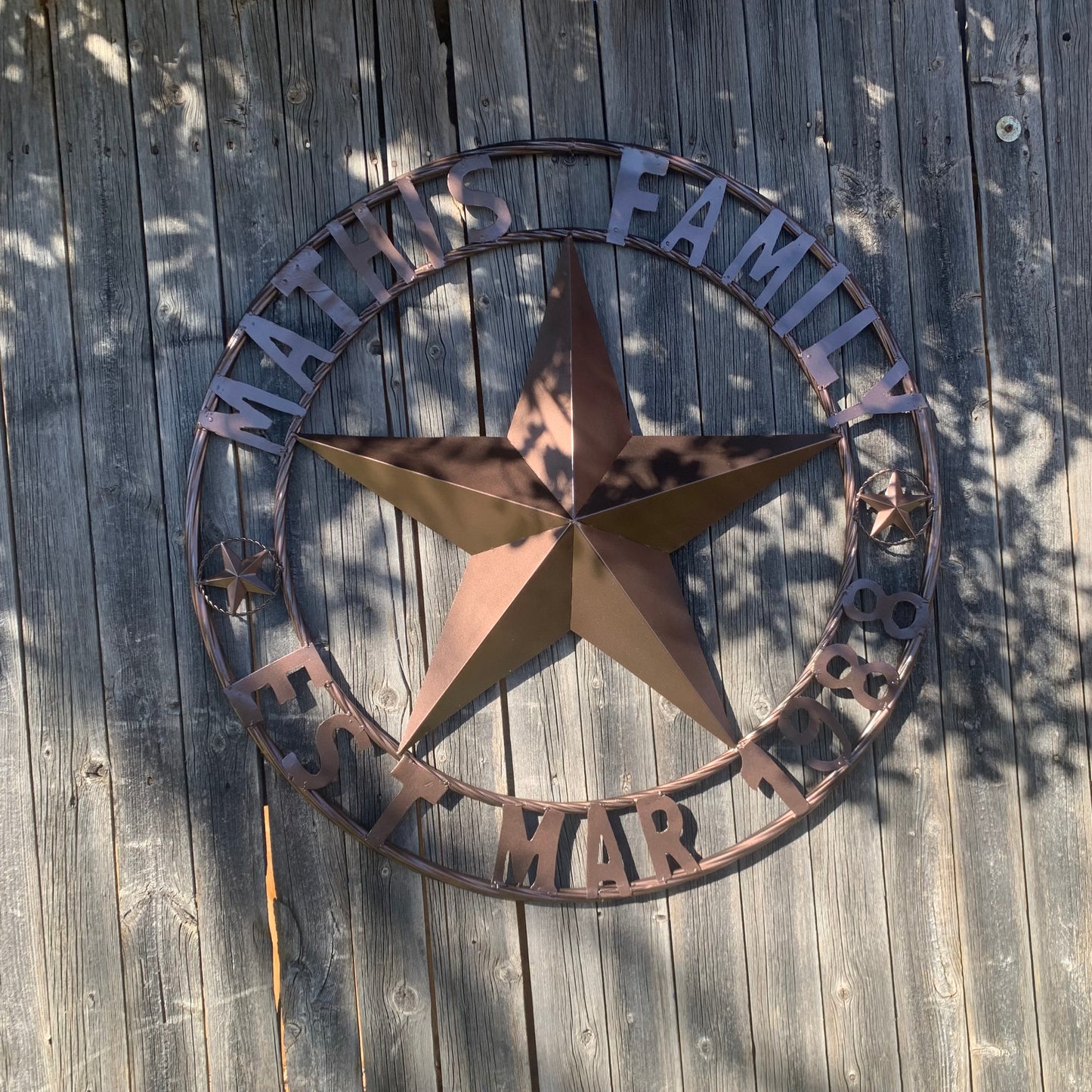 MATHIS STYLE CUSTOM STAR NAME BARN STAR METAL 3d STAR TWISTED ROPE RING WESTERN HOME DECOR RUSTIC BRONZE HANDMADE 24",32",36",50"