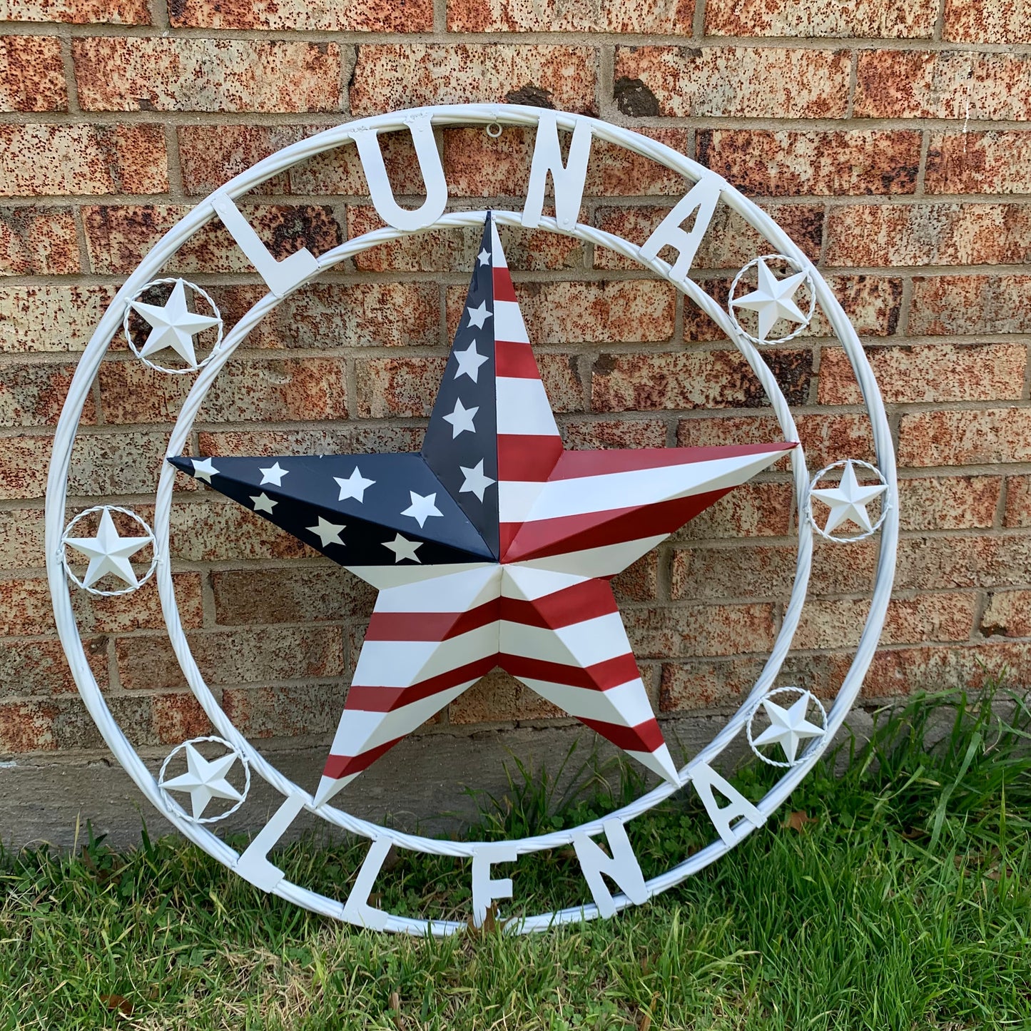 LUNA STYLE CUSTOM NAME BARN STAR METAL STAR 3d TWISTED ROPE RING WESTERN HOME DECOR USA FLAG STAR RED WHOTE & BLUE WITH WHITE RING HANDMADE 24",32",36",50"