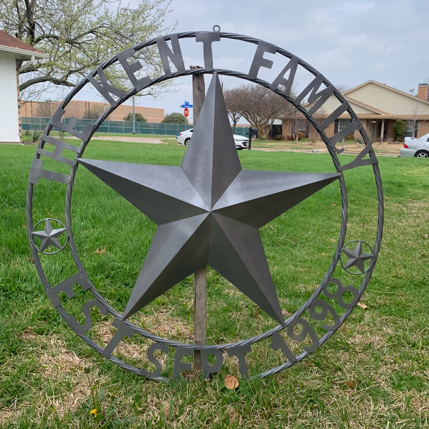 KENT STYLE CUSTOM STAR NAME BARN METAL STAR 3d TWISTED ROPE RING WESTERN HOME DECOR RUSTIC GREY SILVER HANDMADE 24",32",36",50"