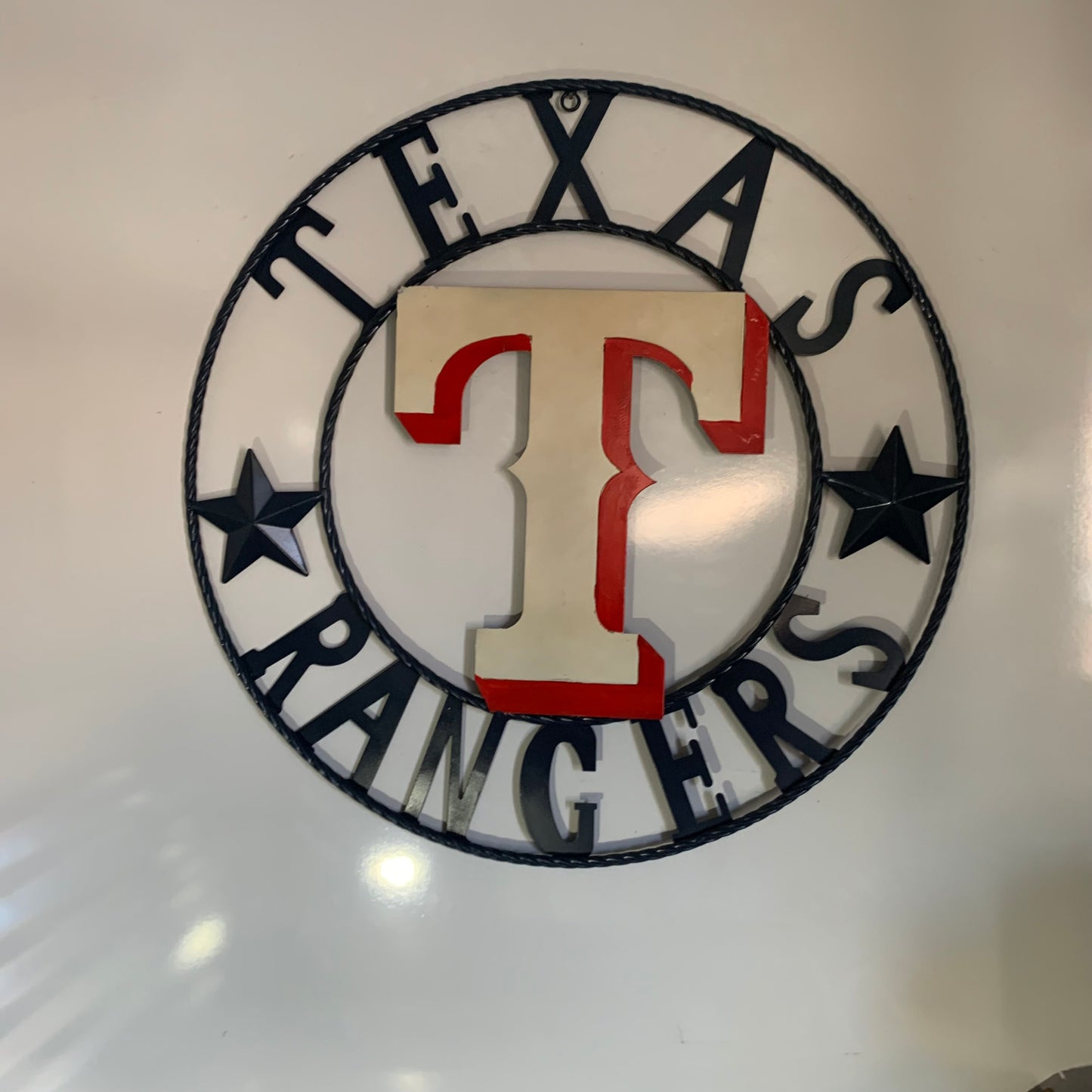 12", 18", 24", 32" TEXAS RANGERS BARN CUSTOM METAL VINTAGE CRAFT SIGN TEAM  WHITE & RED & NAVY BLUE RING & STAR HANDMADE