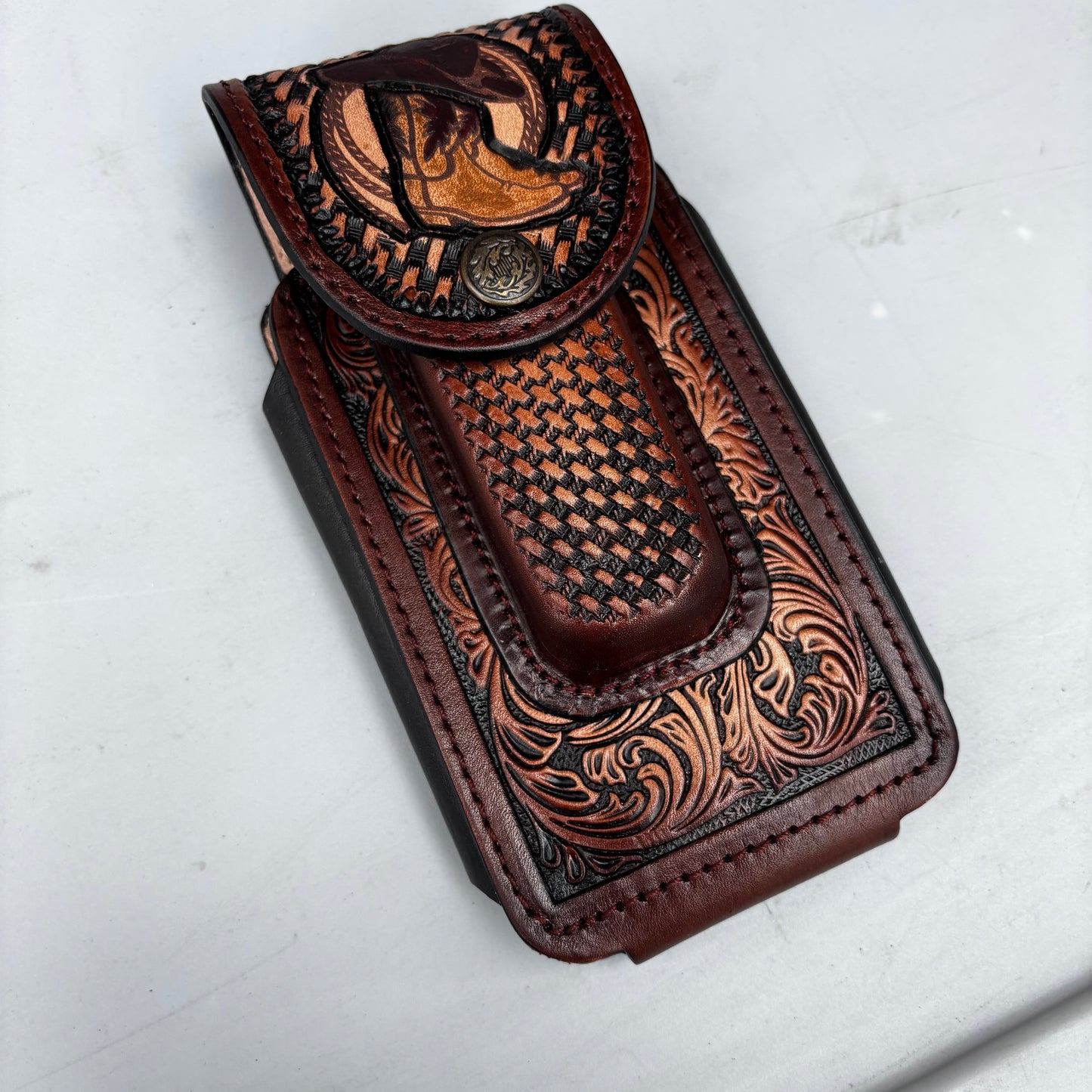 COWBOY BOOT HAT ROPING LEATHER HOLSTER 7" PHONE POUCH WITH KNIFE HOLDER FRONT EXTRA LARGE  BELT LOOP CELL PHONE CASE UNIVERSAL OVERSIZE MADE IN MEXICO #EH13862
