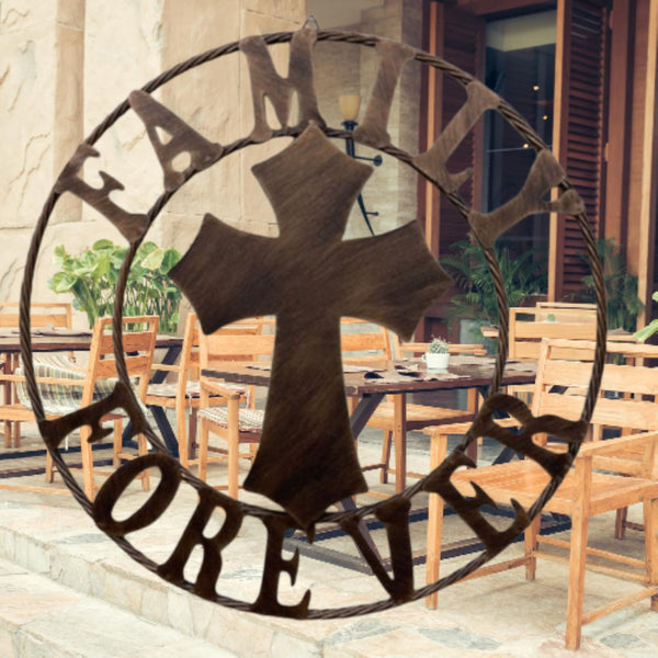FAMILY FOREVER CROSS 25" METAL WALL ART WESTERN HOME DECOR HANDMADE NEW #EH13171