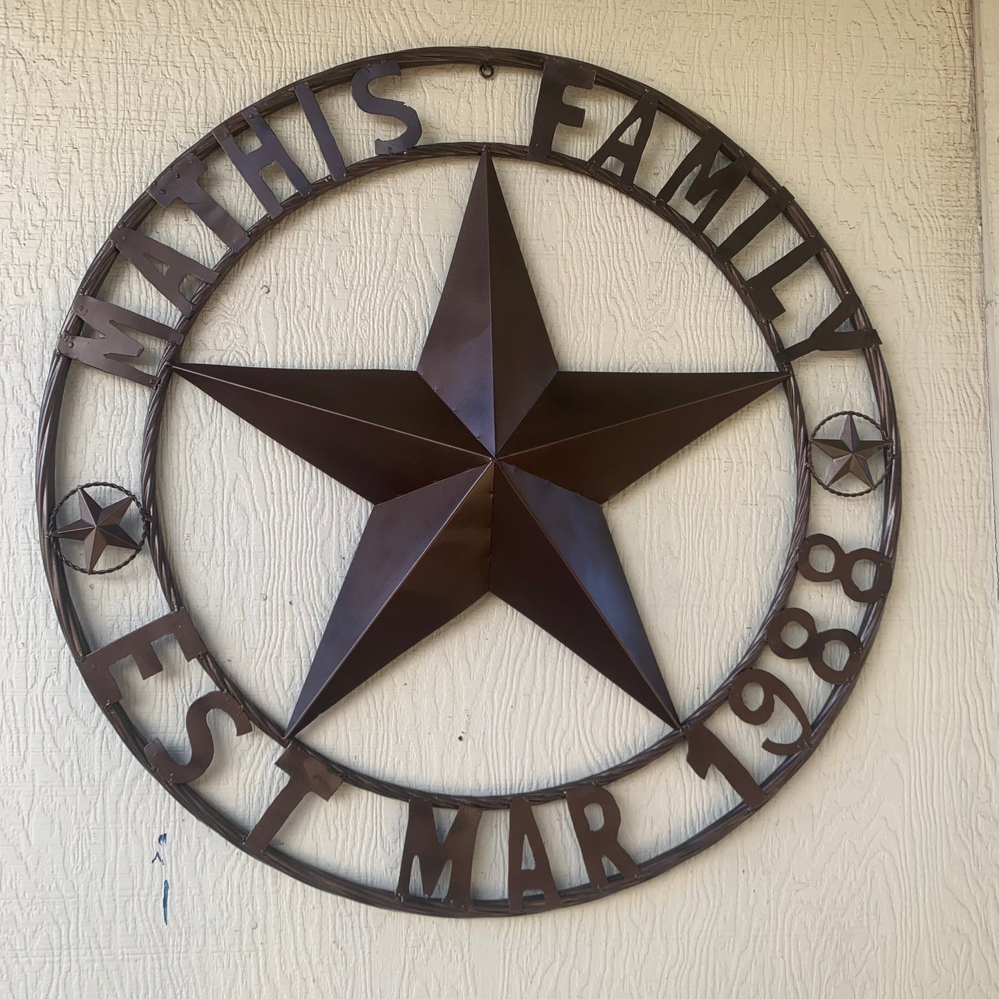 MATHIS STYLE CUSTOM NAME STAR BARN STAR 3d METAL LONESTAR TWISTED ROPE RING WESTERN HOME DECOR RUSTIC BRONZE COPPER HANDMADE 24",32",36",50"