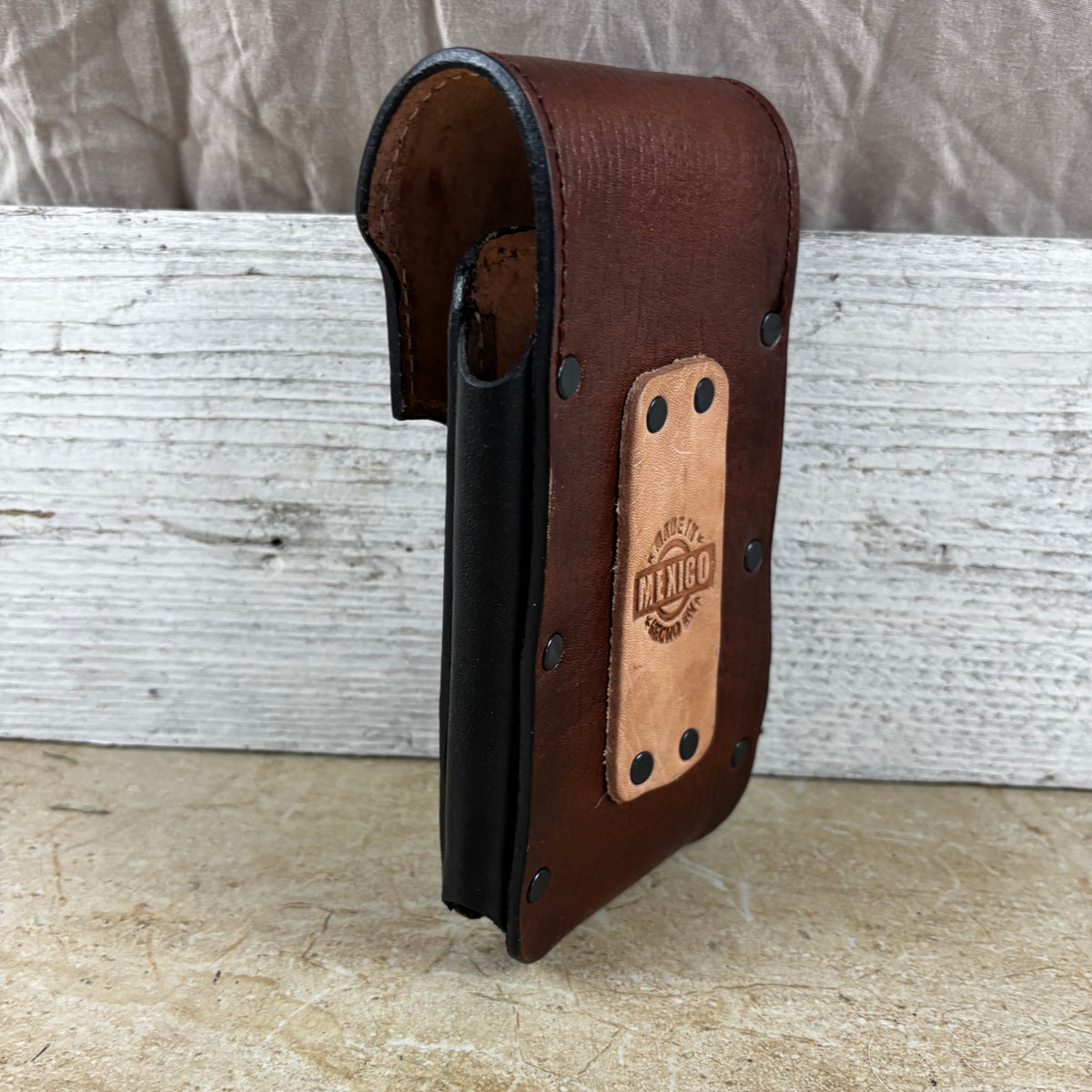 LONGHORN LEATHER HOLSTER 7" PHONE POUCH WITH KNIFE HOLDER FRONT EXTRA LARGE  BELT LOOP CELL PHONE CASE UNIVERSAL OVERSIZE MEXICO MADE #EH13806