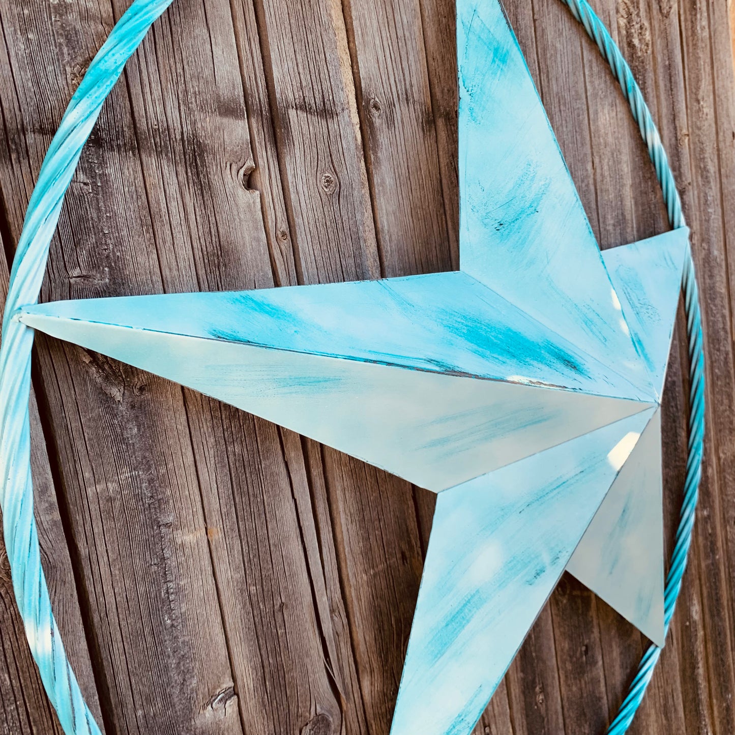 #EH11219 TURQUOISE WHITE DISTRESSED STAR TWO TONE TEXTURE BARN STAR METAL LONESTAR TWISTED ROPE RING WESTERN HOME DECOR HANDMADE NEW