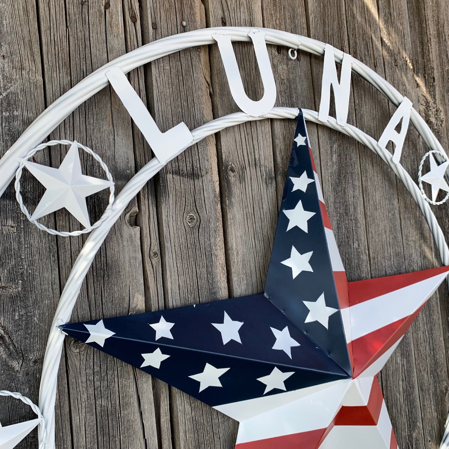 LUNA STYLE CUSTOM NAME BARN STAR METAL STAR 3d TWISTED ROPE RING WESTERN HOME DECOR USA FLAG STAR RED WHOTE & BLUE WITH WHITE RING HANDMADE 24",32",36",50"