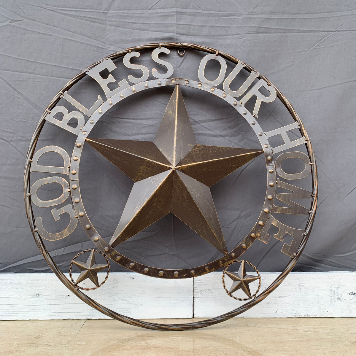24" GOD BLESS OUR HOME BEADED STAR COLIBROX METAL TWISTED ROPE RING LONE STAR WALL ART WESTERN HOME DECOR RUSTIC DARK BRONZE COPPER HANDMADE NEW