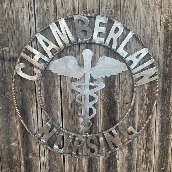 CUSTOM NAME CHAMBERLAIN NURSING STYLE TWISTIED RING BARN RUSTIC BRONZE METAL SIGN WESTERN HOME DECOR HANDMADE 24",32",36"