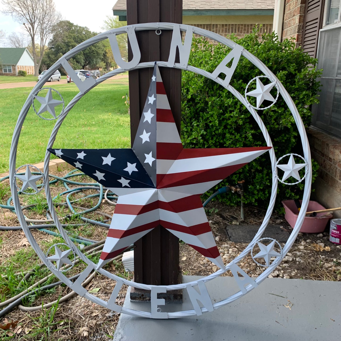 LUNA STYLE CUSTOM NAME BARN STAR METAL STAR 3d TWISTED ROPE RING WESTERN HOME DECOR USA FLAG STAR RED WHOTE & BLUE WITH WHITE RING HANDMADE 24",32",36",50"