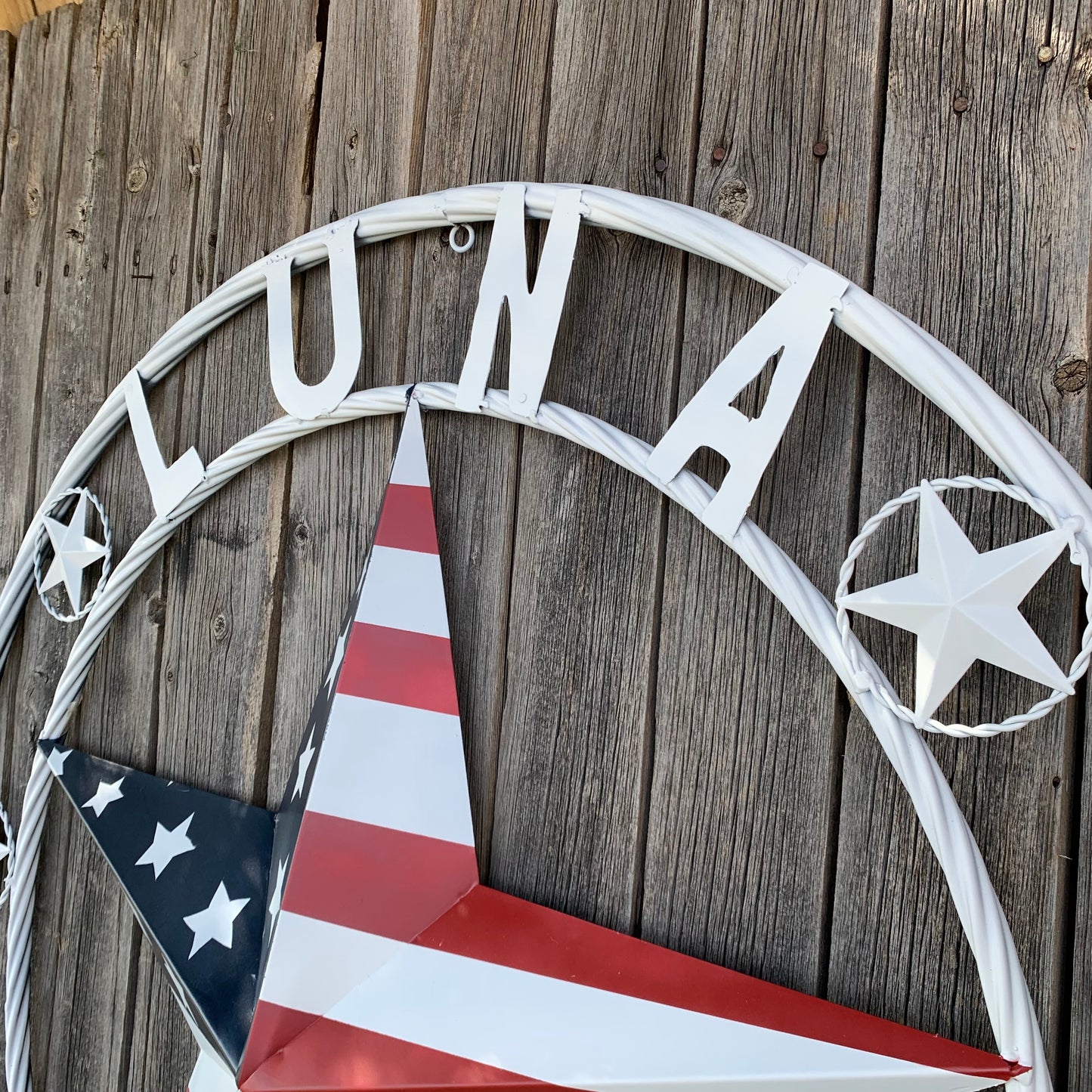 LUNA STYLE CUSTOM NAME BARN STAR METAL STAR 3d TWISTED ROPE RING WESTERN HOME DECOR USA FLAG STAR RED WHOTE & BLUE WITH WHITE RING HANDMADE 24",32",36",50"