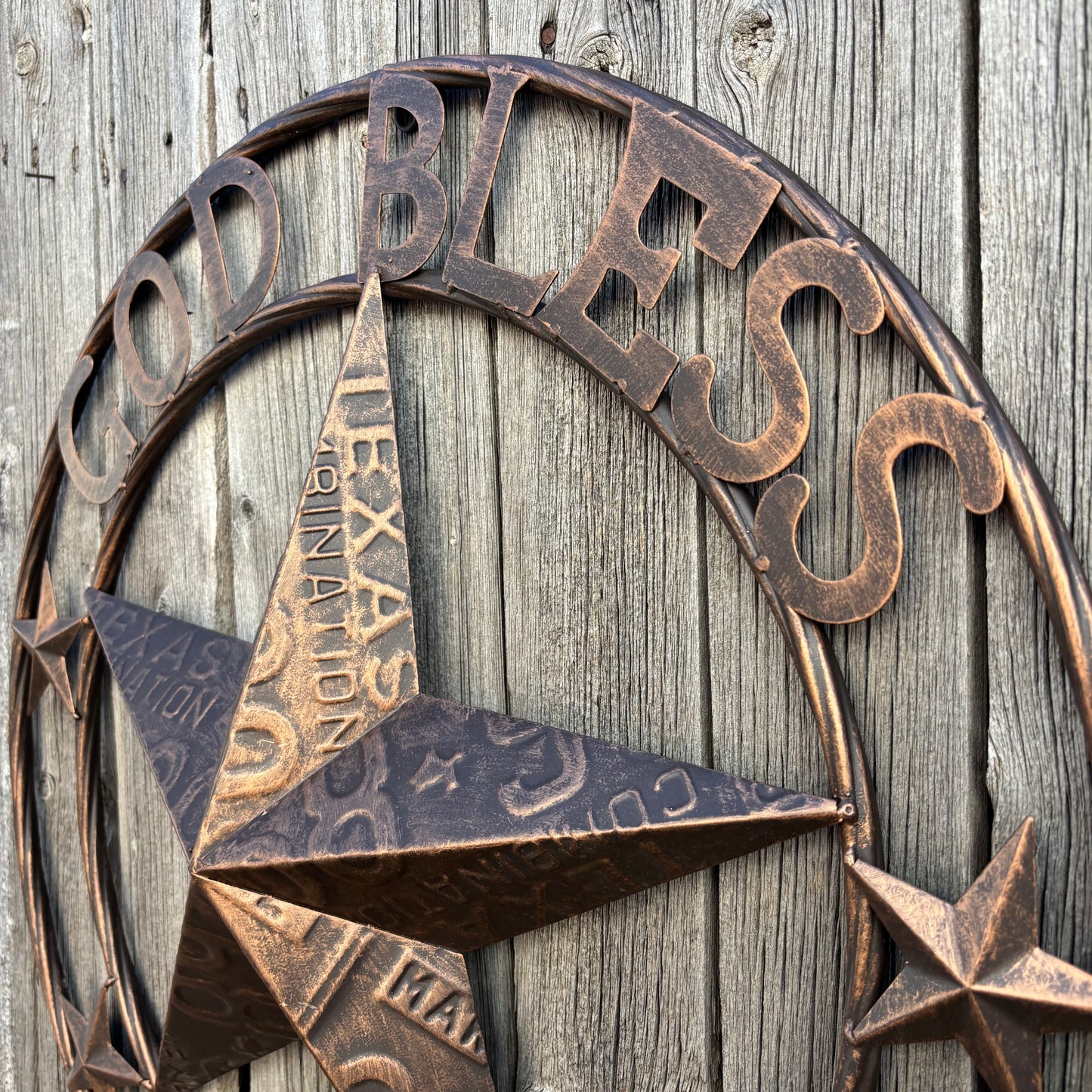 GOD BLESS TEXAS LICENSE PLATE EMBOSSED STAR BARN STAR METAL LONE STAR WESTERN HOME DECOR HANDMADE
