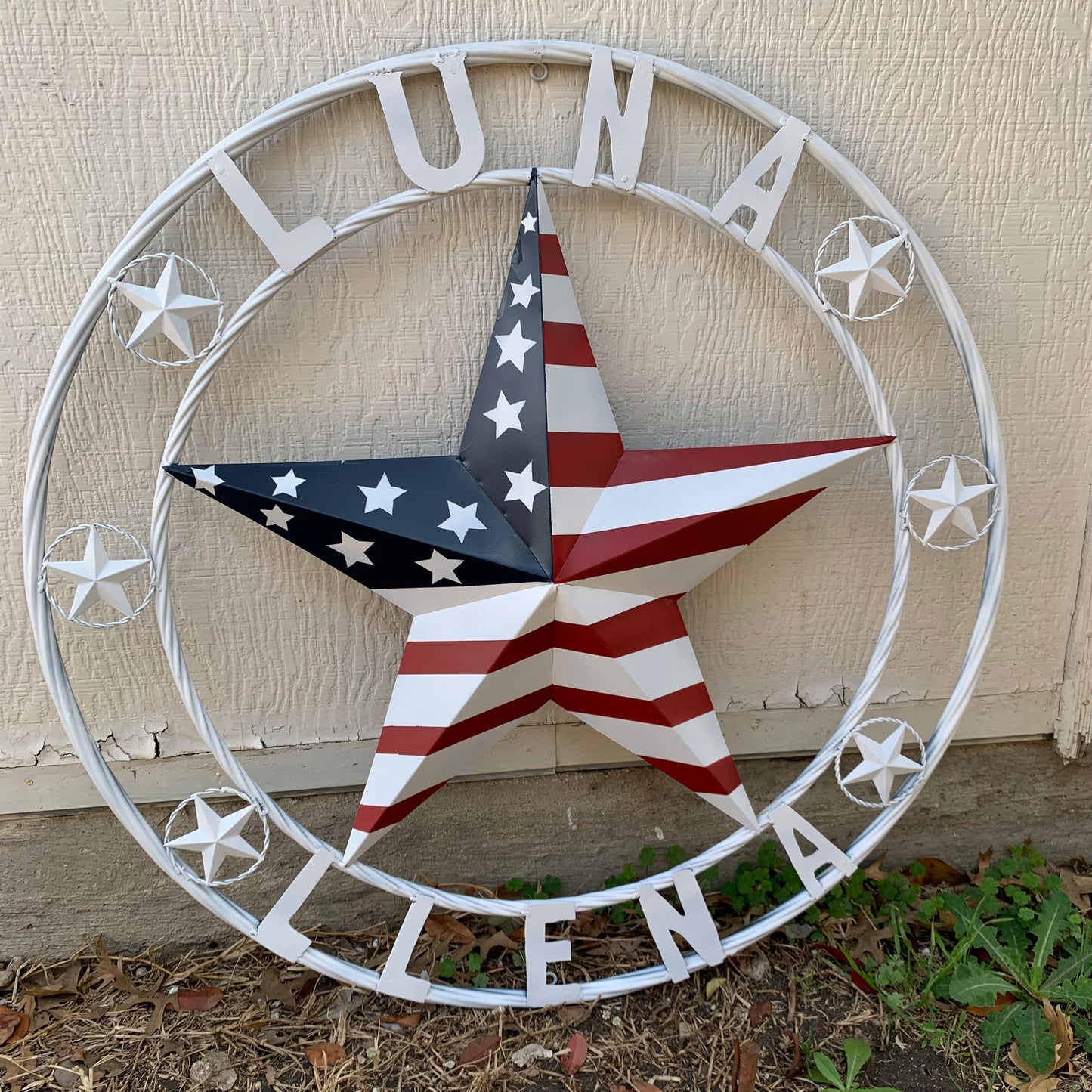 LUNA STYLE CUSTOM NAME BARN STAR METAL STAR 3d TWISTED ROPE RING WESTERN HOME DECOR USA FLAG STAR RED WHOTE & BLUE WITH WHITE RING HANDMADE 24",32",36",50"