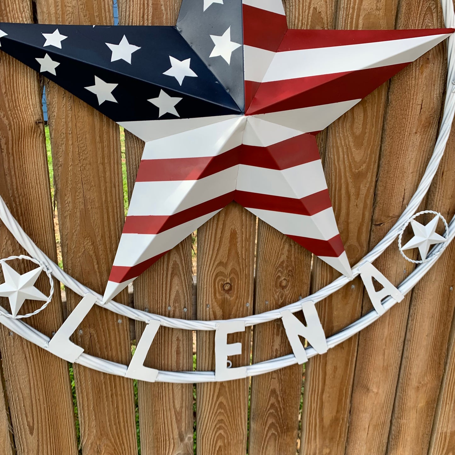 LUNA STYLE CUSTOM NAME BARN STAR METAL STAR 3d TWISTED ROPE RING WESTERN HOME DECOR USA FLAG STAR RED WHOTE & BLUE WITH WHITE RING HANDMADE 24",32",36",50"