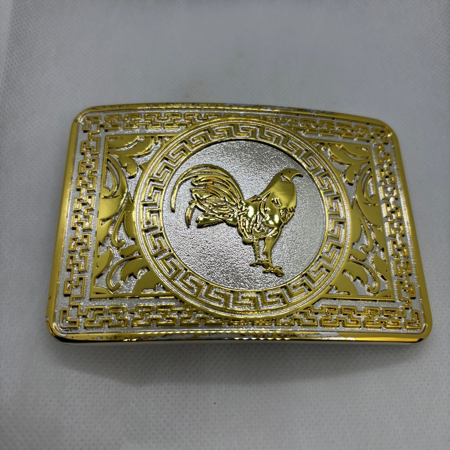ROOSTER BELT BUCKLE GOLD WHITE WESTERN METAL BUCKLE FASHION ART 4.5" X 3.5"  #EH13237