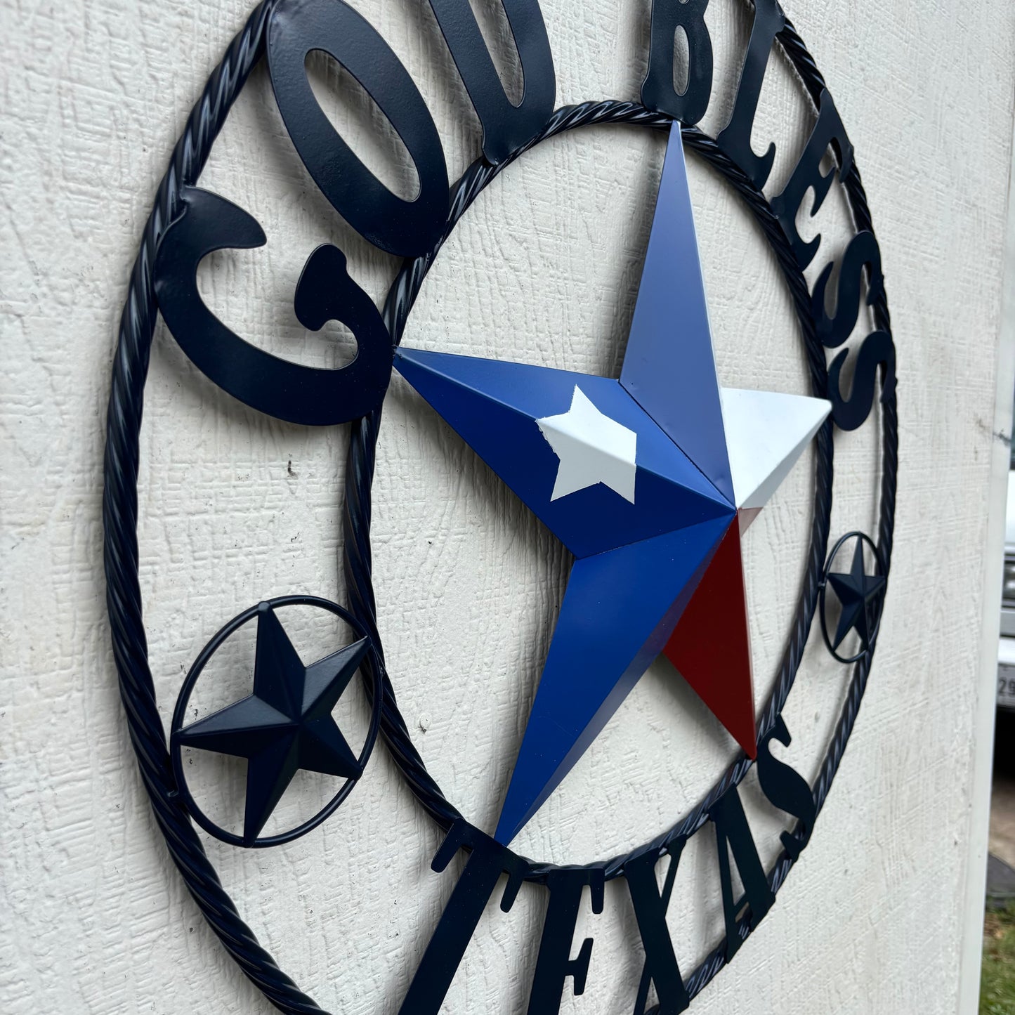 GOD BLESS TEXAS BARN STAR RED WHITE BLUE STAR WITH NAVY BLUE RING LONE STAR TWISTED ROPE RING WESTERN HOME DECOR HANDMADE