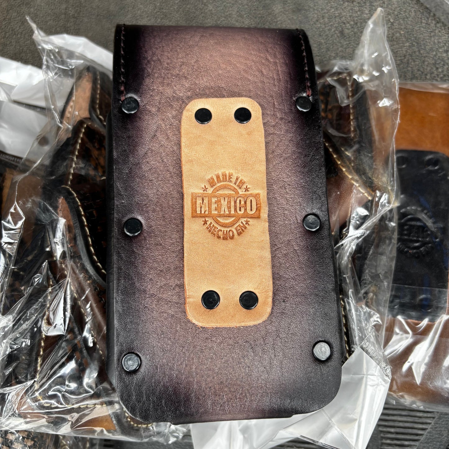 LEAF LEATHER HOLSTER 7" PHONE POUCH WITH KNIFE HOLDER FRONT EXTRA LARGE  BELT LOOP CELL PHONE CASE UNIVERSAL OVERSIZE MEXICO MADE #EH