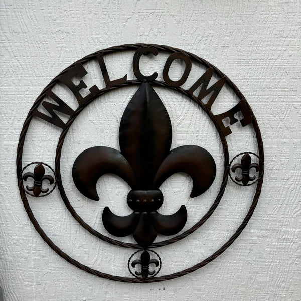 24" WELCOME FLEUR DE LIS METAL WALL ART WESTERN HOME DECOR BROWN NEW #EH11997