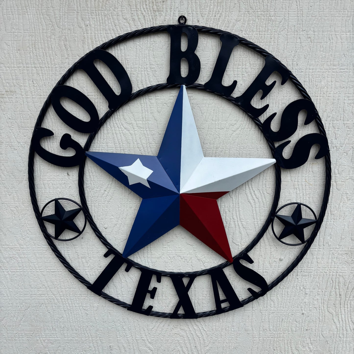 GOD BLESS TEXAS BARN STAR RED WHITE BLUE STAR WITH NAVY BLUE RING LONE STAR TWISTED ROPE RING WESTERN HOME DECOR HANDMADE