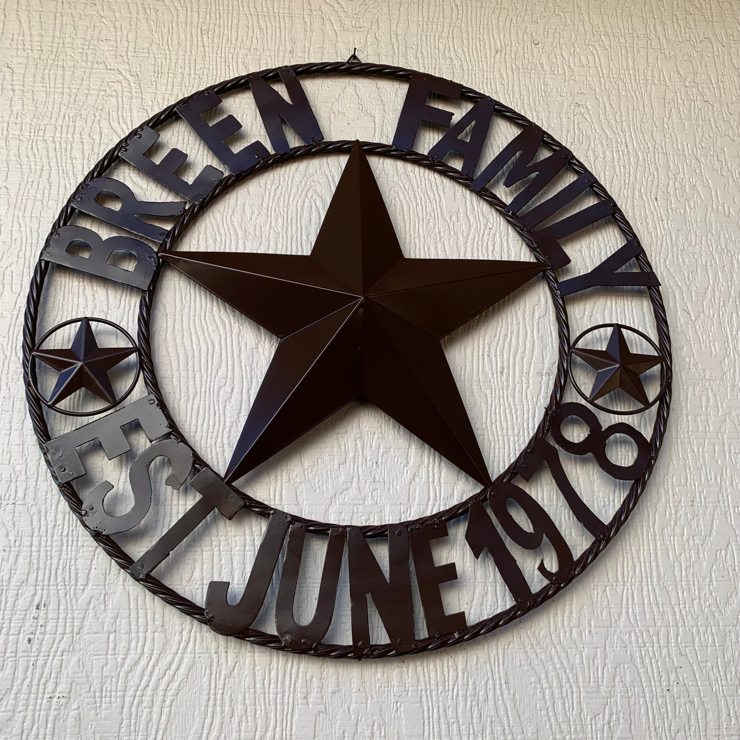 BREEN FAMILY STYLE CUSTOM NAME STAR BARN METAL STAR 3d TWISTED ROPE RING WESTERN HOME DECOR RUSTIC BROWN HANDMADE 24",32",36",50"