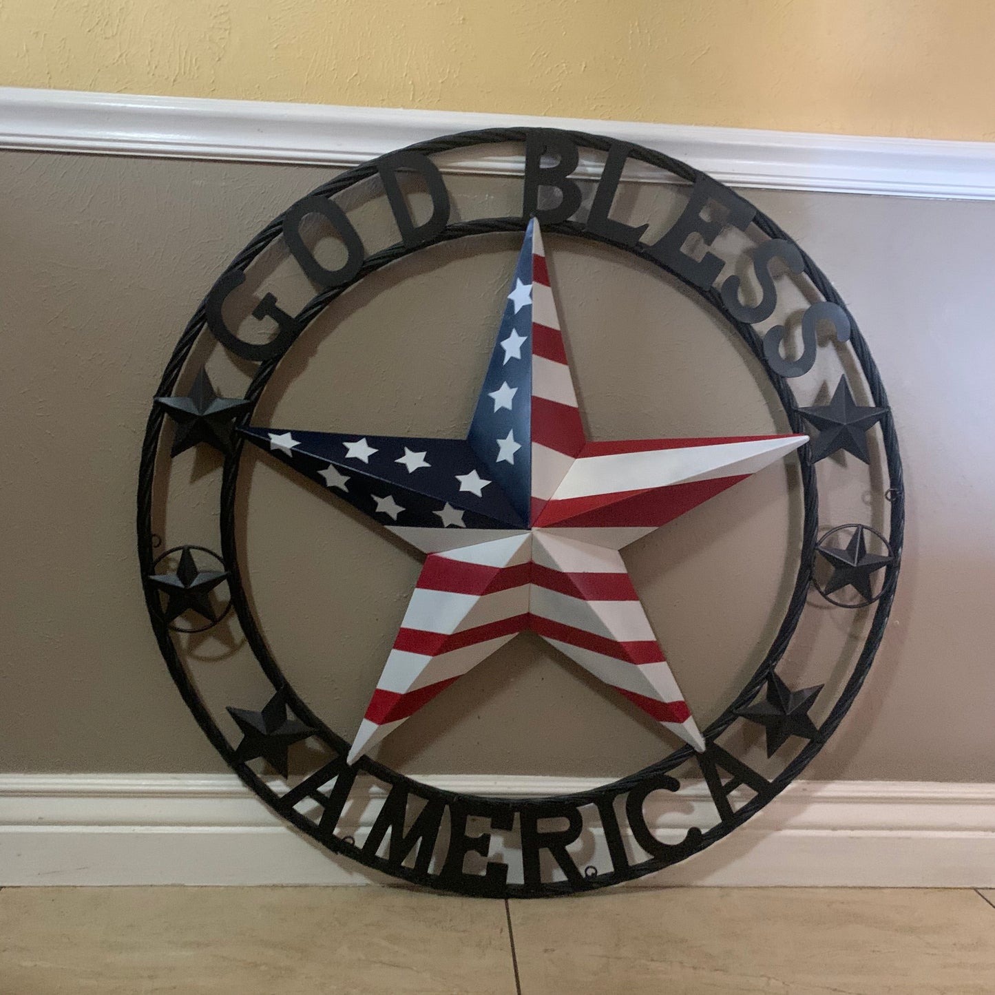GOD BLESS AMERICA USA FLAG 3d STAR METAL BARN STAR BLACK TWISTED ROPE RING WALL ART WESTERN HOME DECOR RED WHITE & BLUE HANDMADE NEW #EH10490