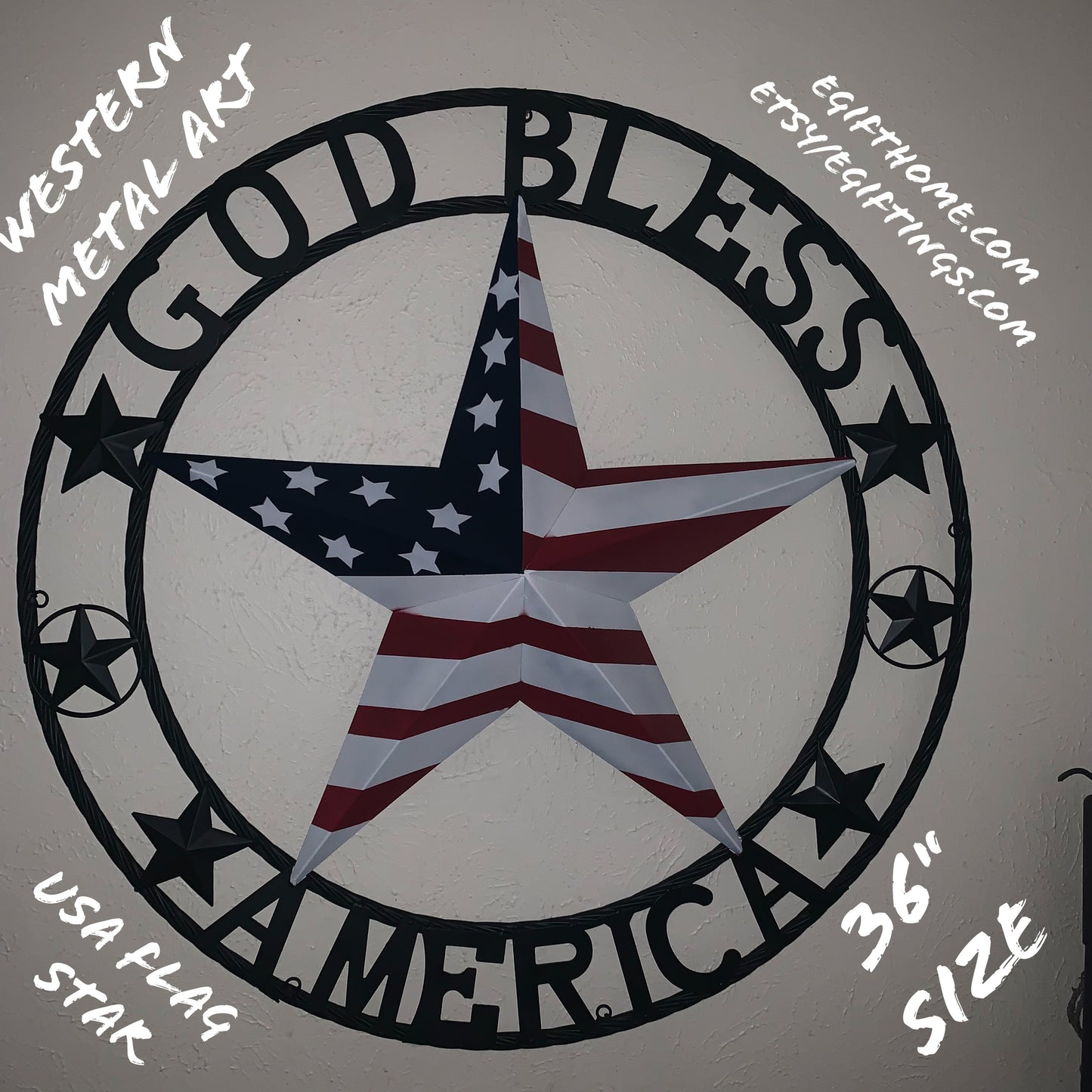 GOD BLESS AMERICA USA FLAG 3d STAR METAL BARN STAR BLACK TWISTED ROPE RING WALL ART WESTERN HOME DECOR RED WHITE & BLUE HANDMADE NEW #EH10490