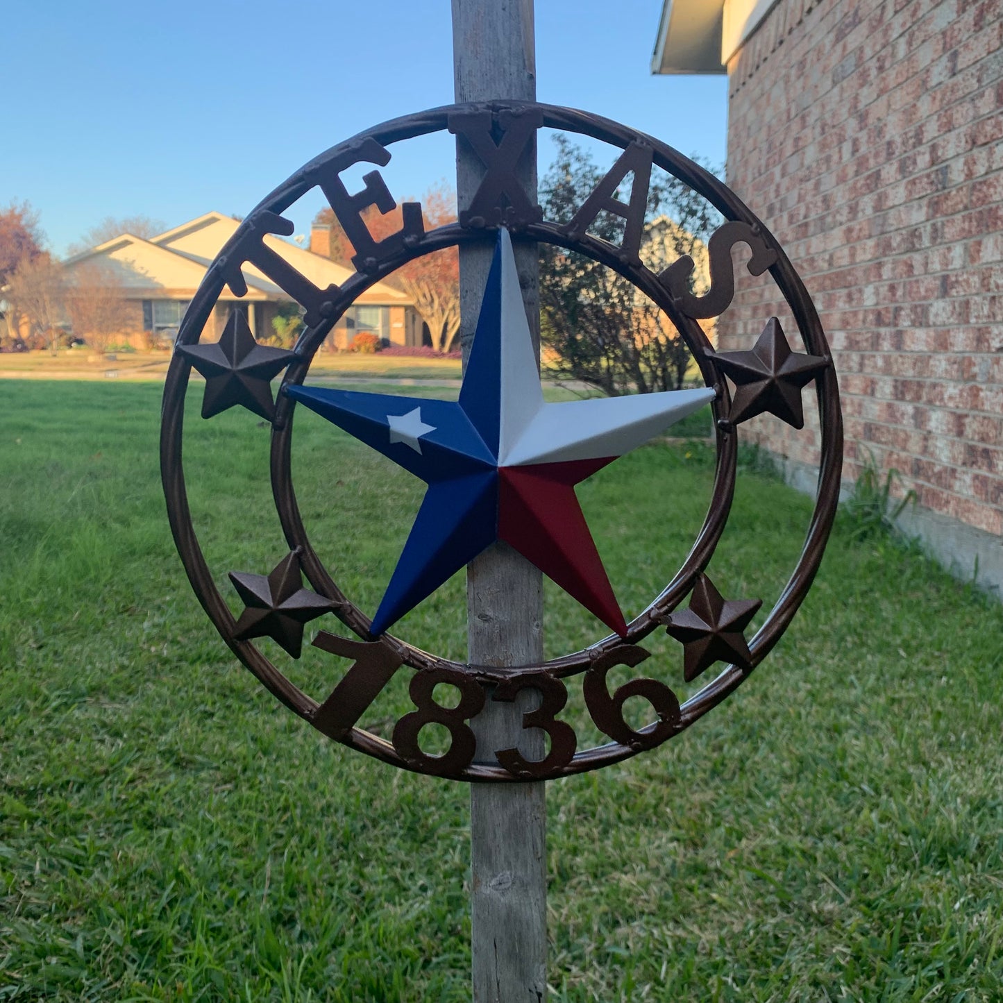 TEXAS FLAG STAR RED WHT BLUE STAR & BRONZE COPPER RING 1836 TEXAS METAL BARN LONE STAR WESTERN HOME DECOR HANDMADE NEW 12",18",24",32",36",50"