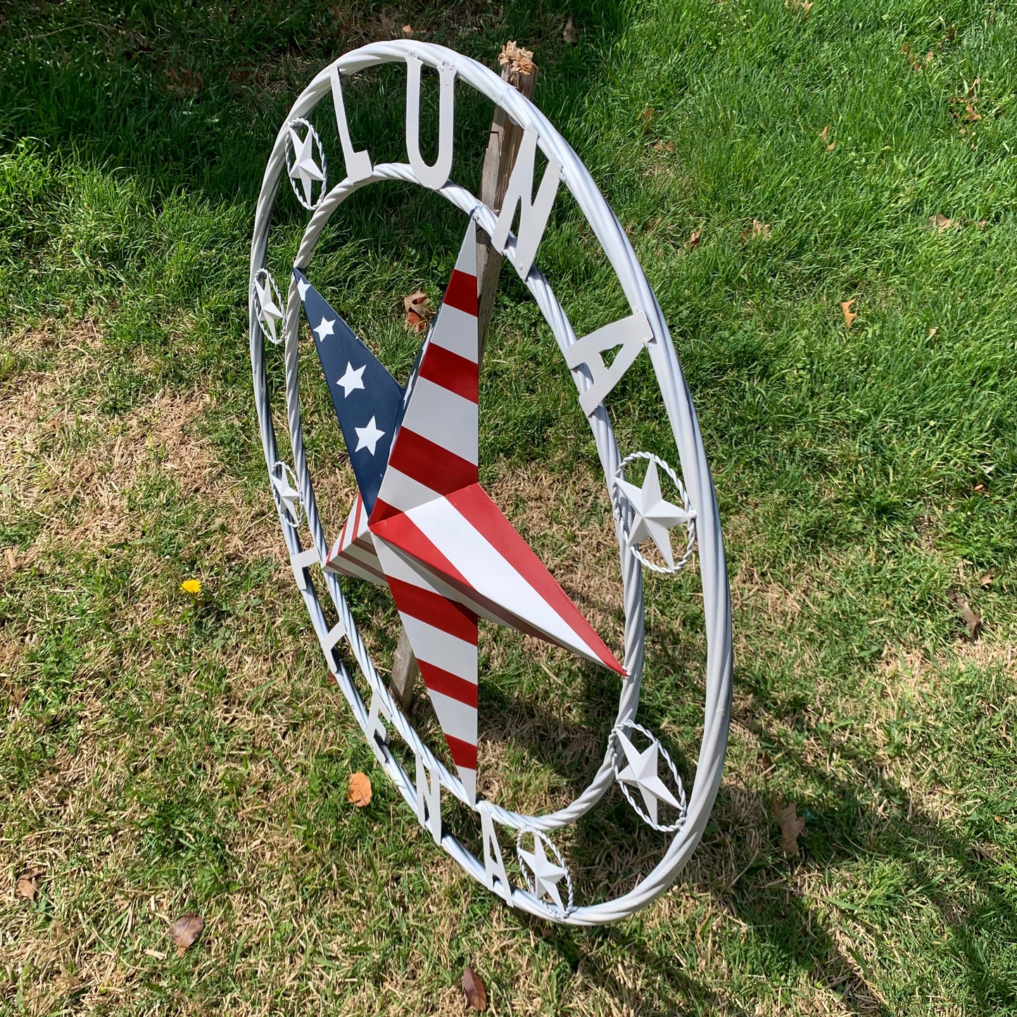 LUNA STYLE CUSTOM NAME BARN STAR METAL STAR 3d TWISTED ROPE RING WESTERN HOME DECOR USA FLAG STAR RED WHOTE & BLUE WITH WHITE RING HANDMADE 24",32",36",50"