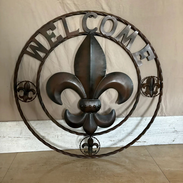 WELCOME FLEUR DE LIS BROWN & BLACK SHADE METAL WALL ART WESTERN HOME DECOR HANDMADE #EH11997
