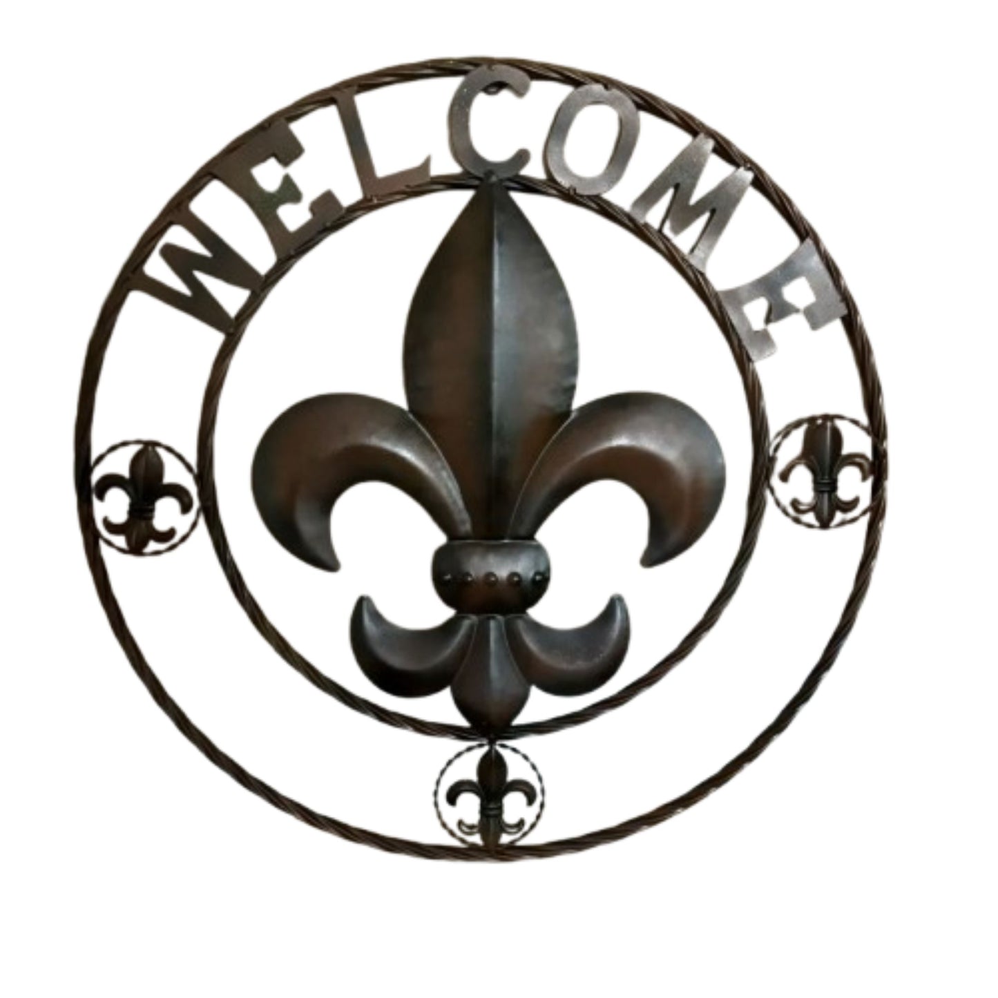 WELCOME FLEUR DE LIS BROWN & BLACK SHADE METAL WALL ART WESTERN HOME DECOR HANDMADE #EH11997