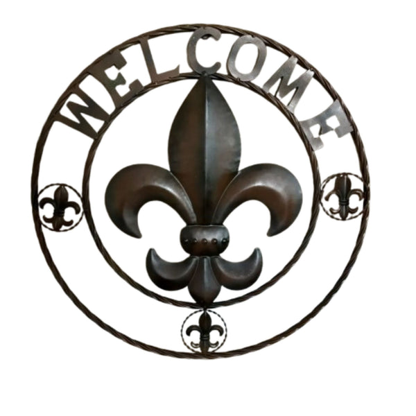 WELCOME FLEUR DE LIS BROWN & BLACK SHADE METAL WALL ART WESTERN HOME DECOR HANDMADE #EH11997
