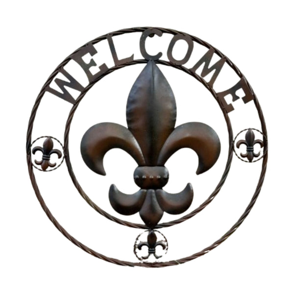 WELCOME FLEUR DE LIS BROWN & BLACK SHADE METAL WALL ART WESTERN HOME DECOR HANDMADE #EH11997