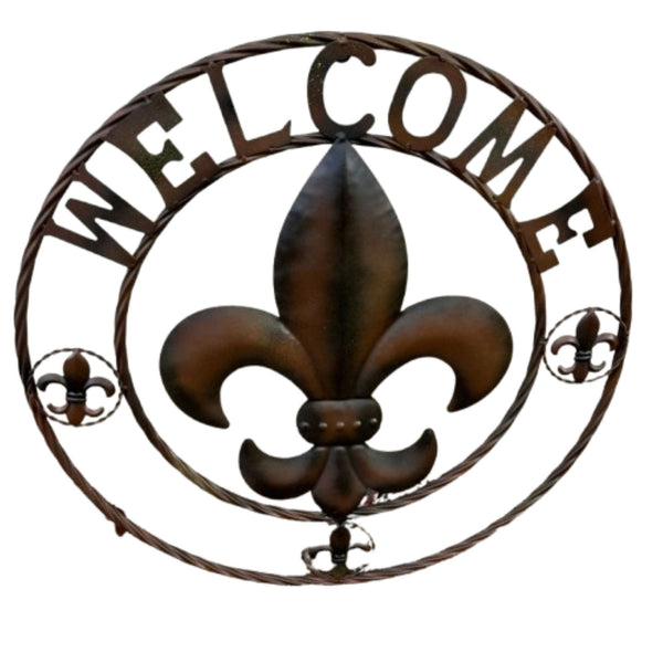 WELCOME FLEUR DE LIS BROWN & BLACK SHADE METAL WALL ART WESTERN HOME DECOR HANDMADE #EH11997
