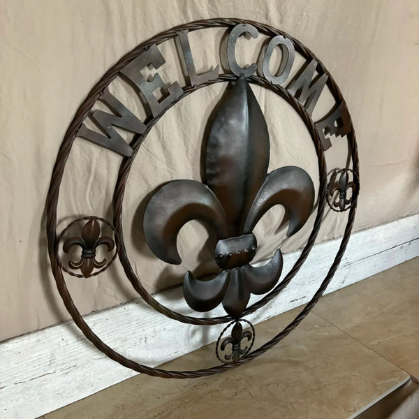 WELCOME FLEUR DE LIS BROWN & BLACK SHADE METAL WALL ART WESTERN HOME DECOR HANDMADE #EH11997