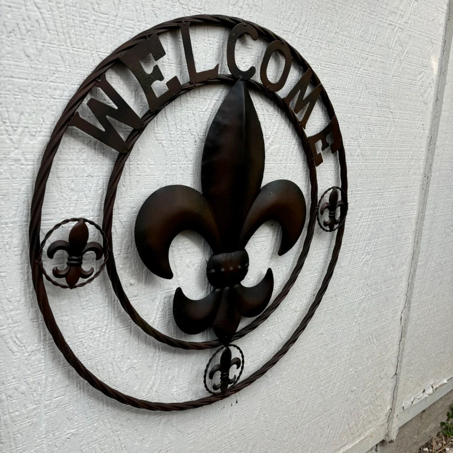 WELCOME FLEUR DE LIS BROWN & BLACK SHADE METAL WALL ART WESTERN HOME DECOR HANDMADE #EH11997
