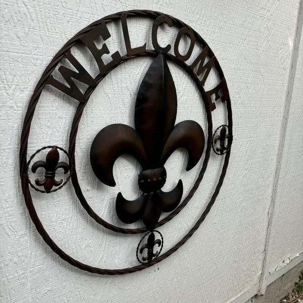 WELCOME FLEUR DE LIS BROWN & BLACK SHADE METAL WALL ART WESTERN HOME DECOR HANDMADE #EH11997