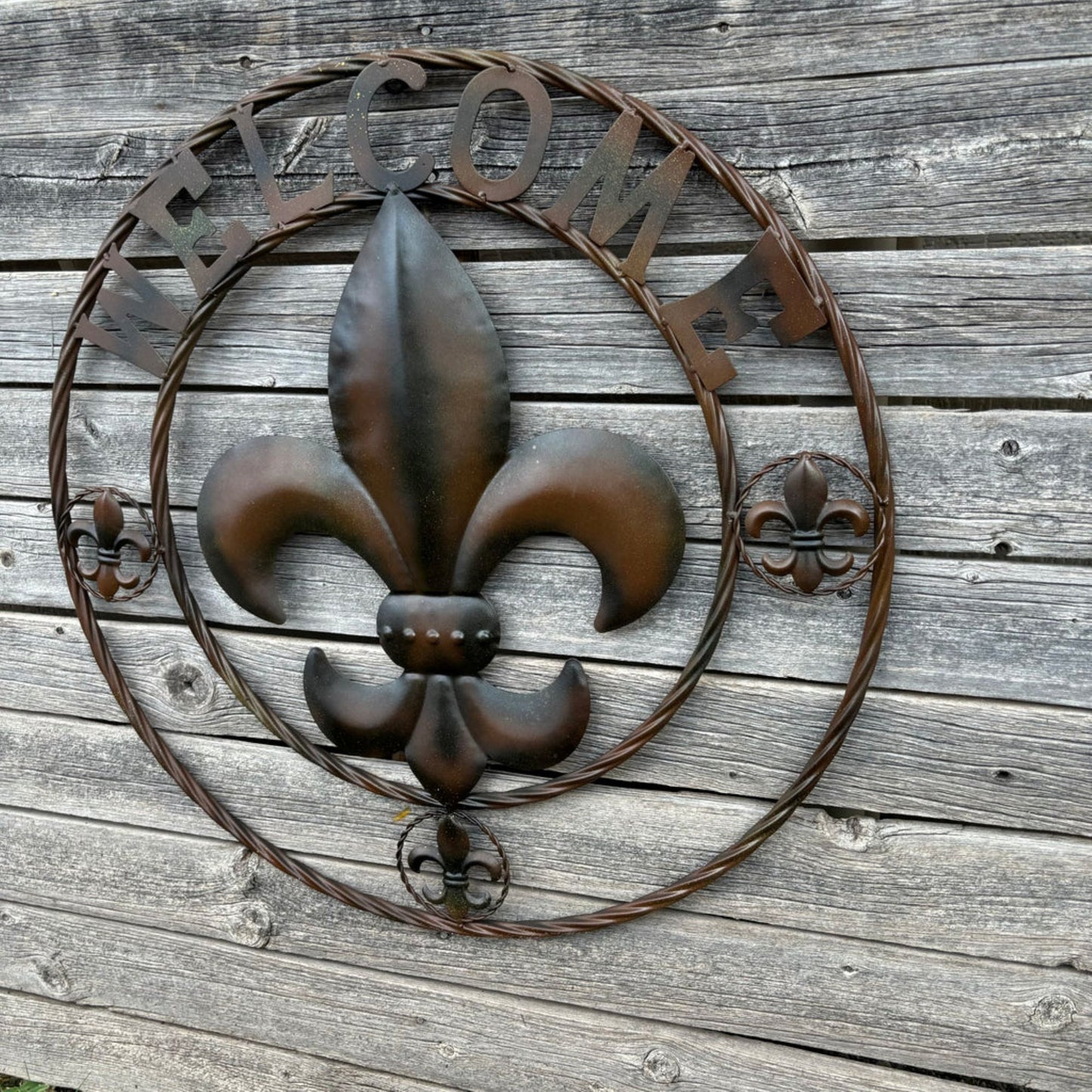 WELCOME FLEUR DE LIS BROWN & BLACK SHADE METAL WALL ART WESTERN HOME DECOR HANDMADE #EH11997
