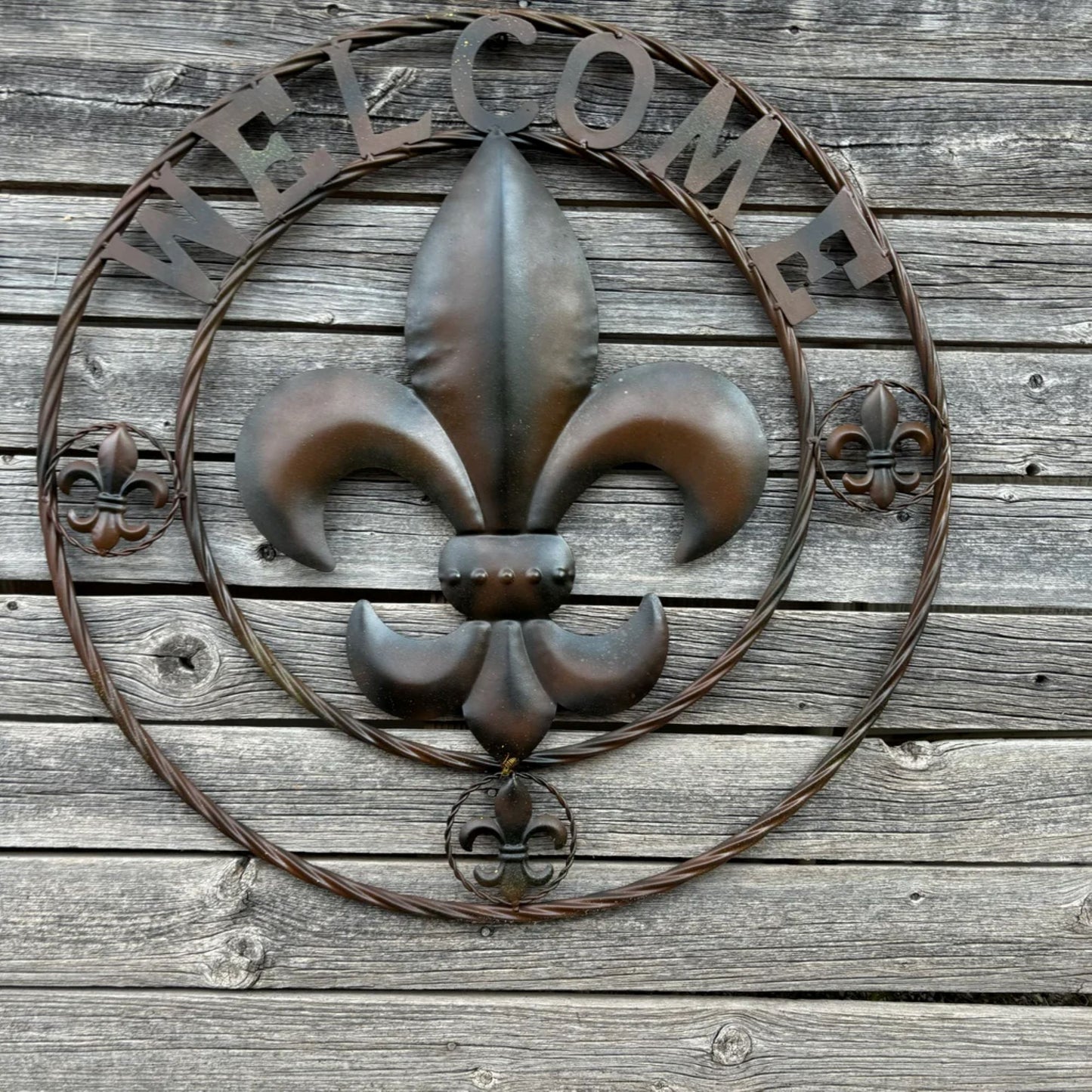 WELCOME FLEUR DE LIS BROWN & BLACK SHADE METAL WALL ART WESTERN HOME DECOR HANDMADE #EH11997