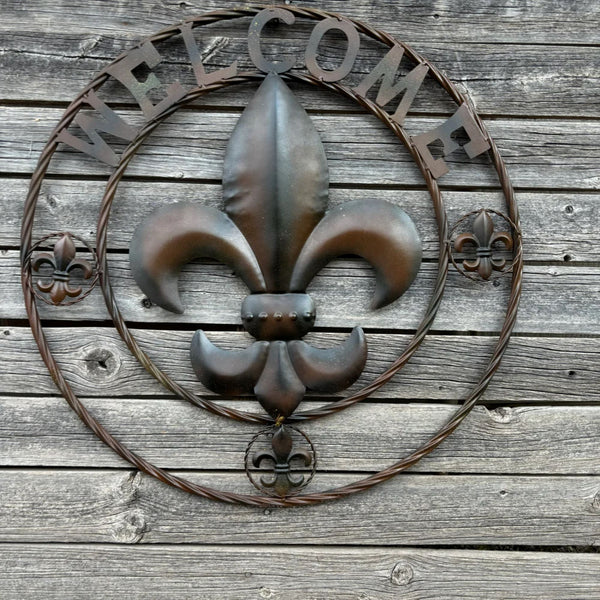 WELCOME FLEUR DE LIS BROWN & BLACK SHADE METAL WALL ART WESTERN HOME DECOR HANDMADE #EH11997