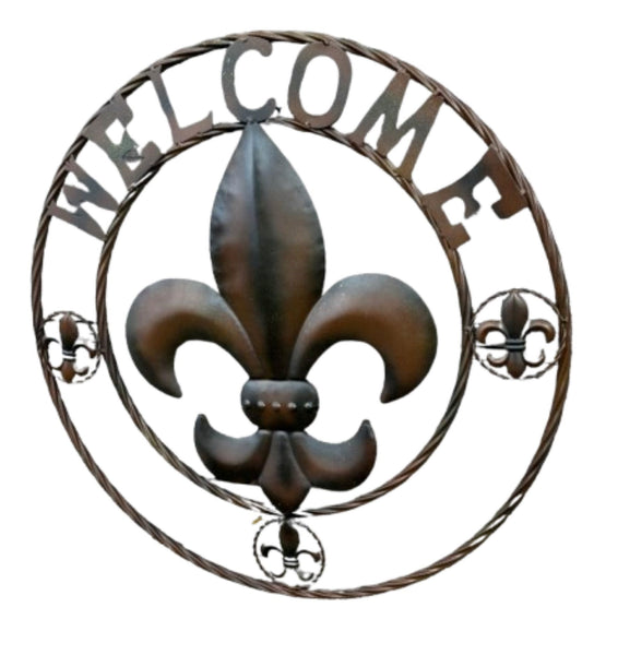 WELCOME FLEUR DE LIS BROWN & BLACK SHADE METAL WALL ART WESTERN HOME DECOR HANDMADE #EH11997