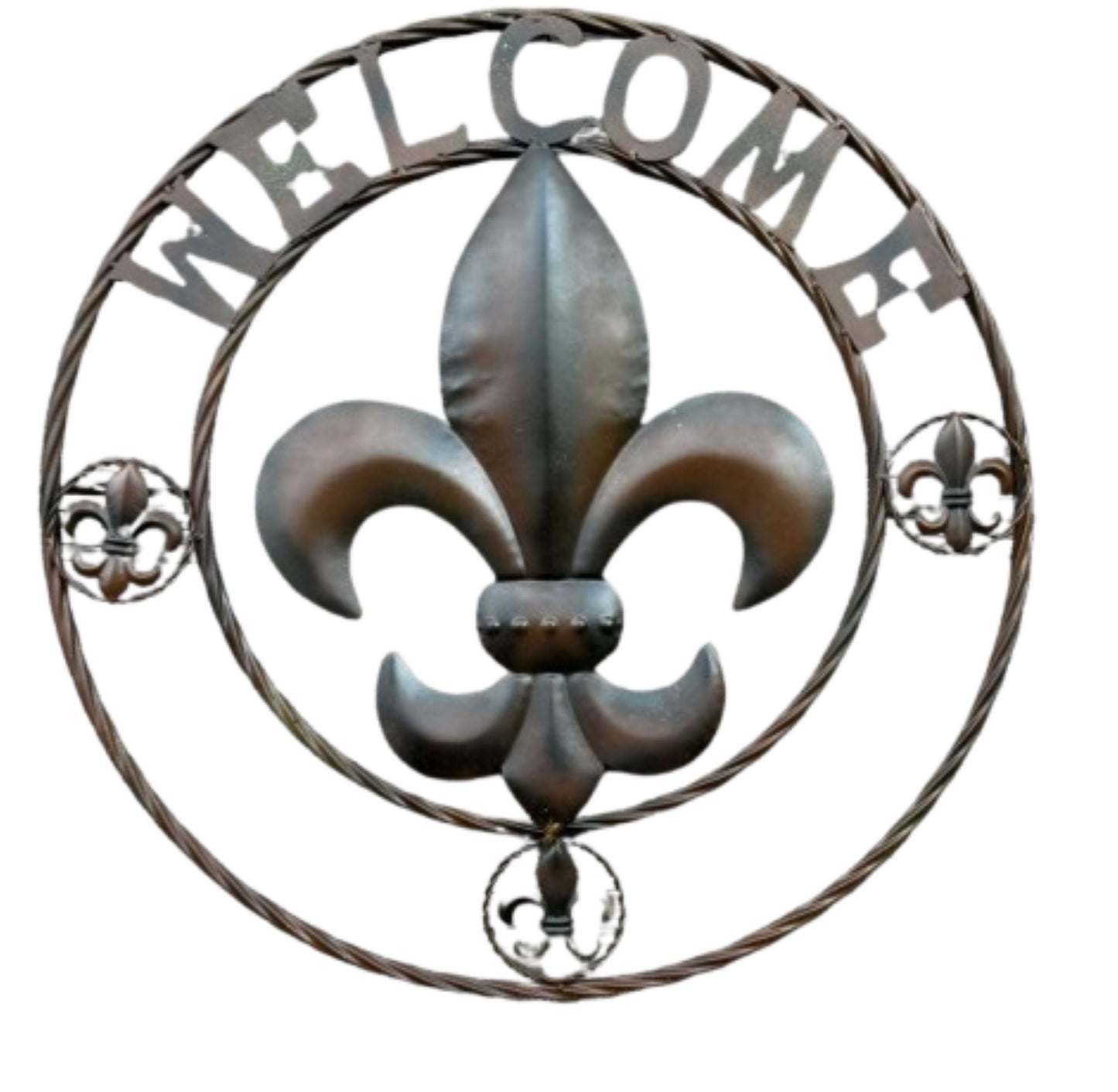WELCOME FLEUR DE LIS BROWN & BLACK SHADE METAL WALL ART WESTERN HOME DECOR HANDMADE #EH11997