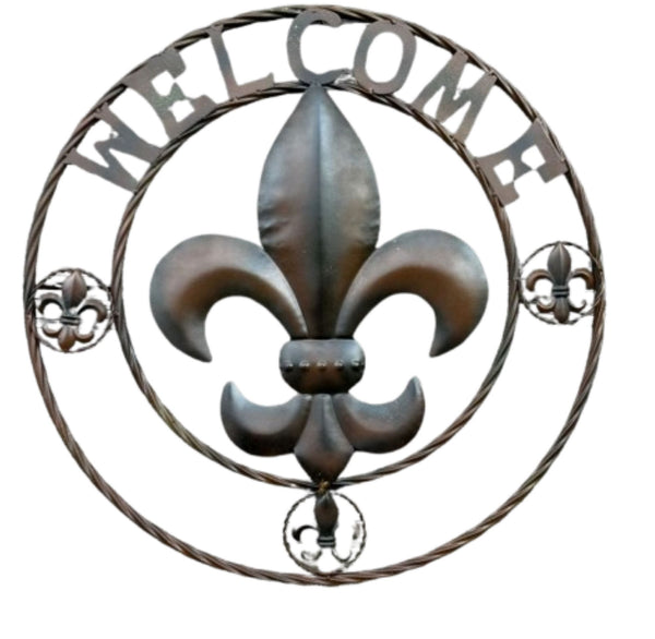 WELCOME FLEUR DE LIS BROWN & BLACK SHADE METAL WALL ART WESTERN HOME DECOR HANDMADE #EH11997